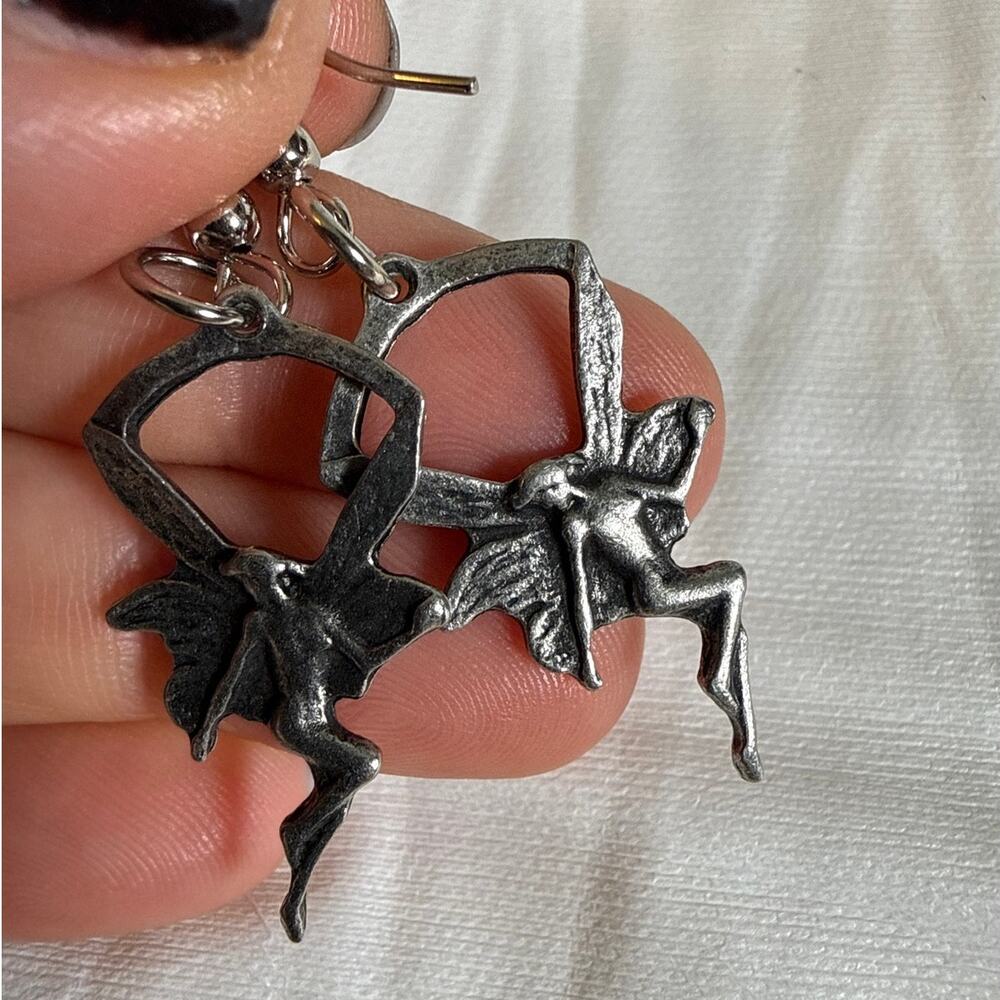 Vintage Silver Tone Dangle Drop Fairy Earrings Woodland Nymph Fae Earrings